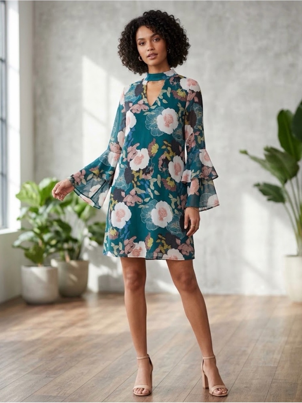 As U Wish Fairycore Whimsy Floral Keyhole Flutter Sleeve Crinkle Sheath Dress XL